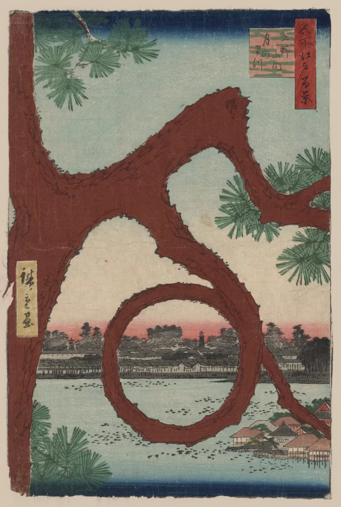 Pine Tree River Houses Dusk Traditional Japanese Art