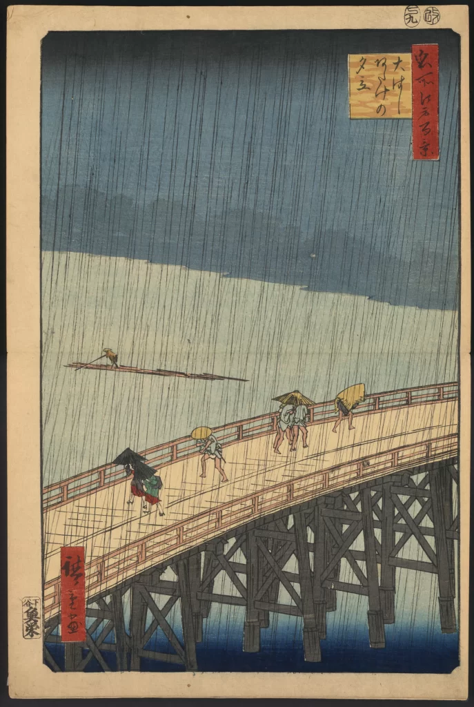 Rainy Bridge People Umbrellas Traditional Japan