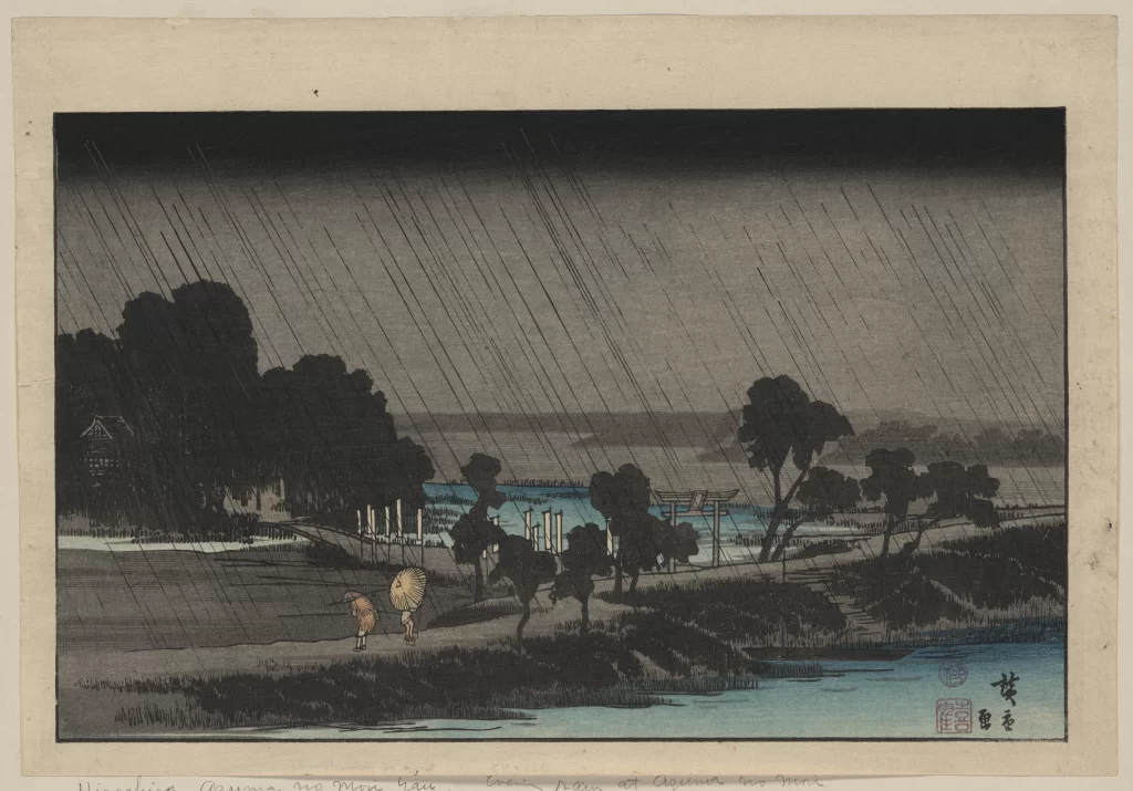 Rainy Landscape Trees Pathway Umbrella Traditional
