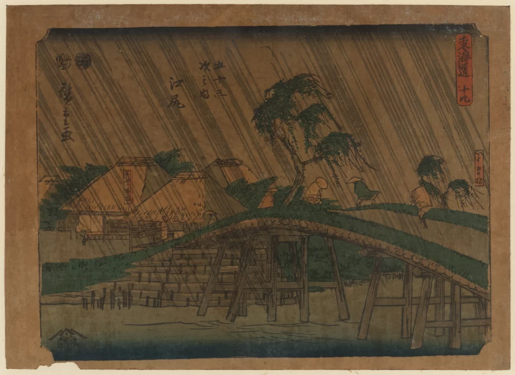 Rainy Village Bridge Traditional Houses Trees