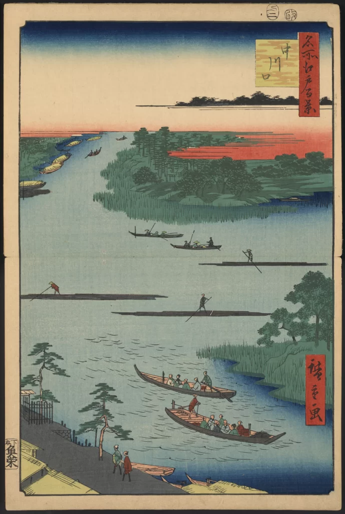 River Landscape Boats People Trees Sunset