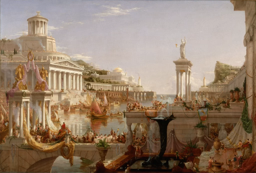 Roman architecture grandeur waterway boats statues celebration