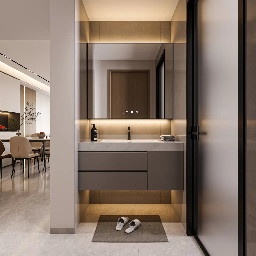 Room type bathroom furniture sink mirror cabinet colors gray white beige style m