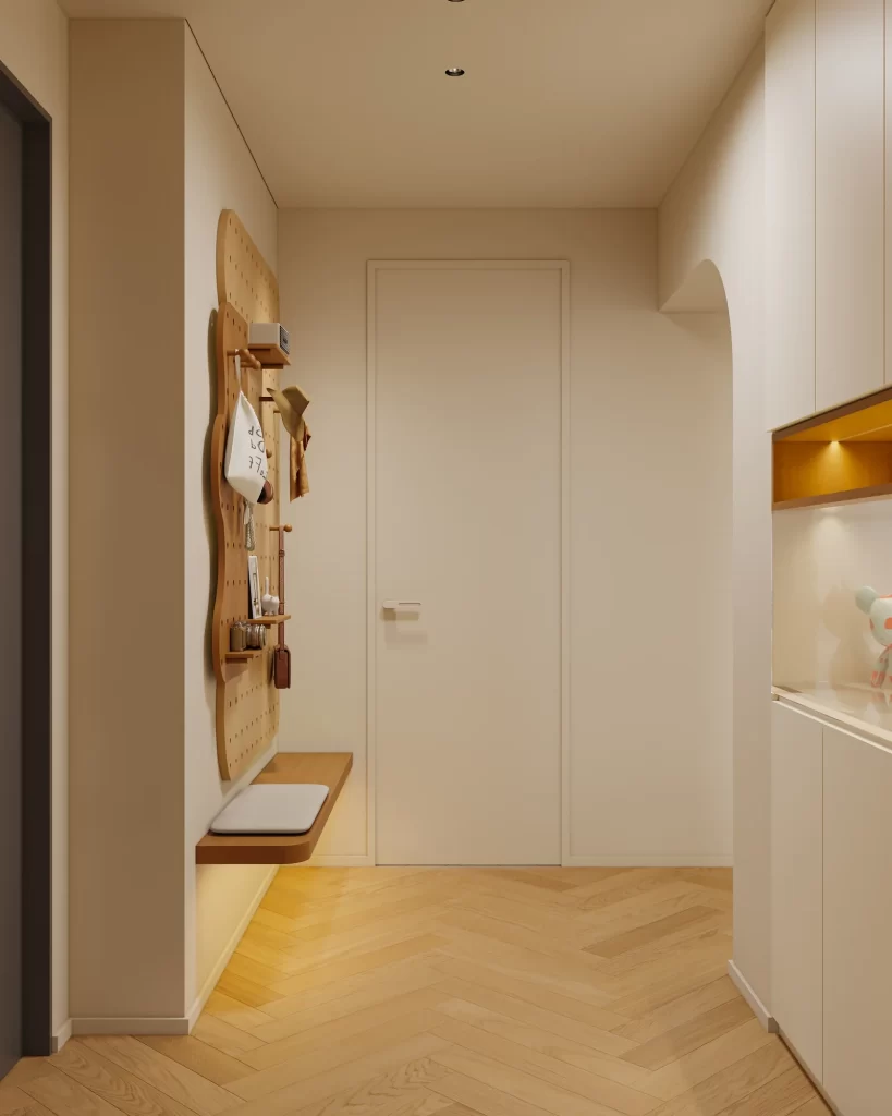 Room type: entryway furniture: bench pegboard storage colors: beige brown style: