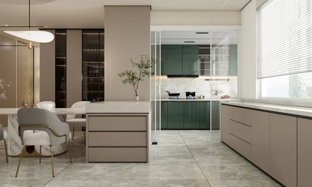 Room type kitchen furniture colors beige gray green style modern.