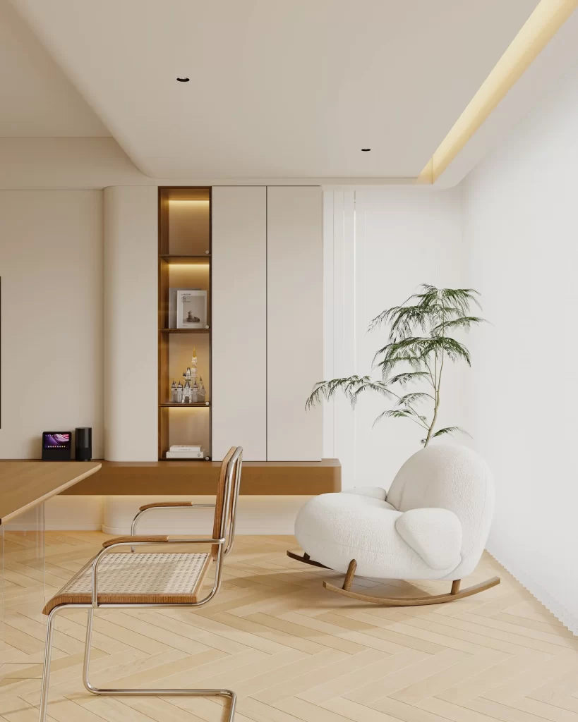Room type: living room furniture: rocking chair table bookshelf colors: white be