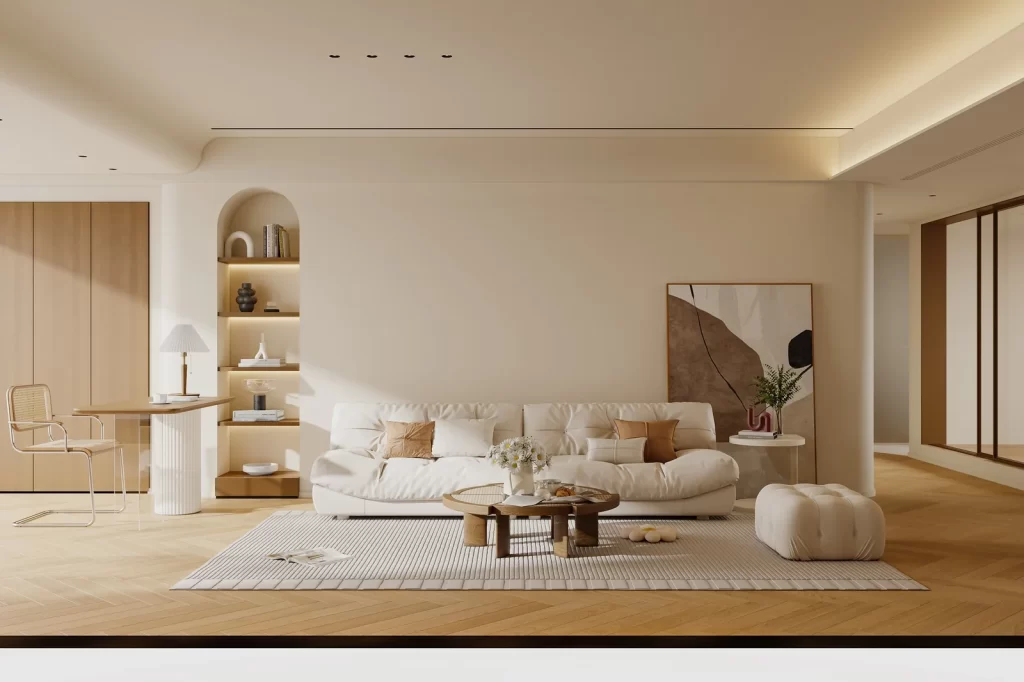 Room type living room furniture sofa chair table colors white beige brown style