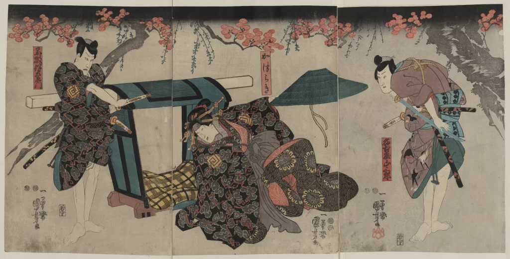 Samurai Traditional Attire Japanese Art Cherry Blossoms Triptych Cultural Scene