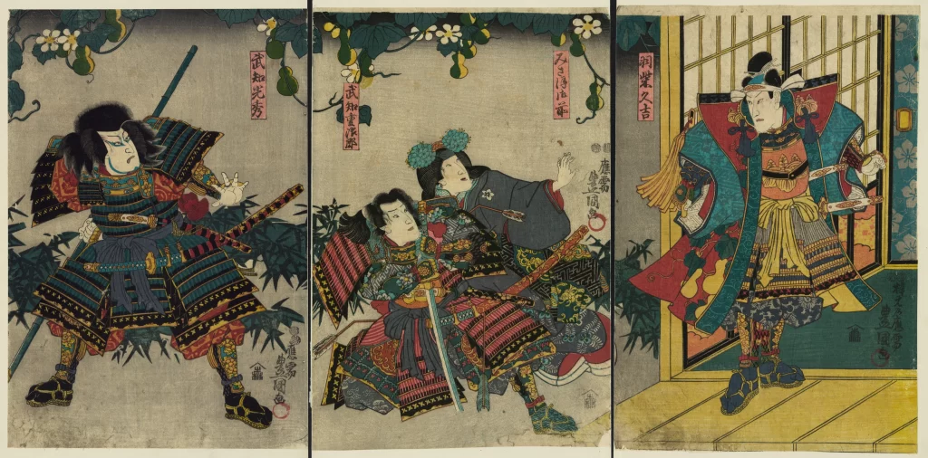 Samurai Warriors Traditional Armor Dynamic Poses Ukiyo-e Art Japanese Culture Historical Scene