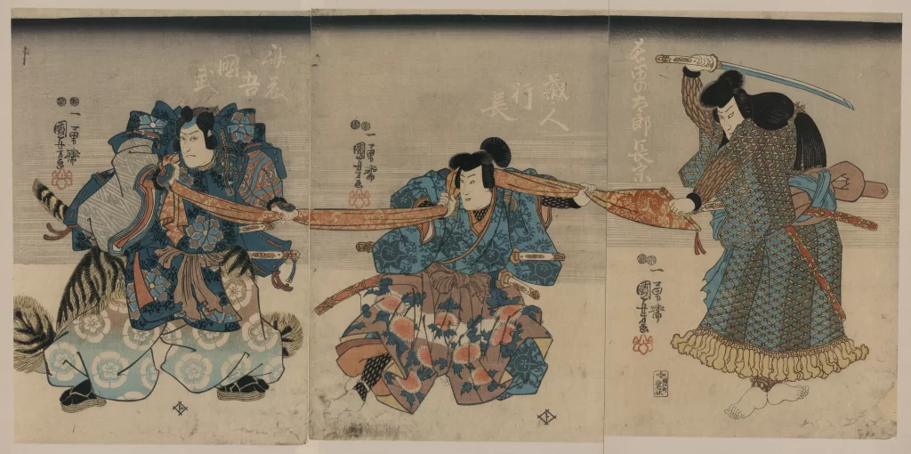 Samurai Warriors, Traditional Attire, Dynamic Poses, Swordplay, Ukiyo-e Art, Historical Scene