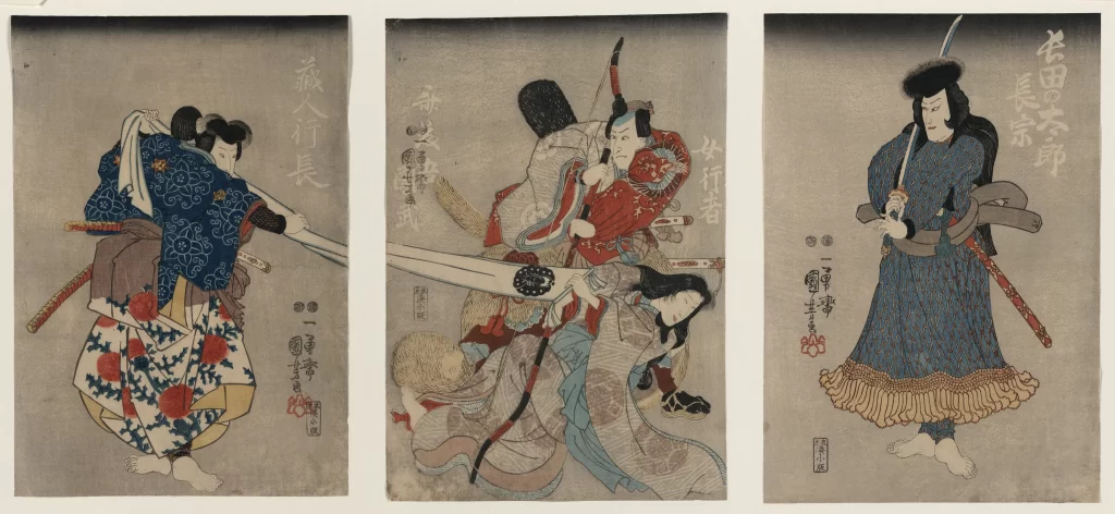 Samurai Warriors, Traditional Attire, Dynamic Poses, Ukiyo-e Style, Japanese Art, Historical Scene
