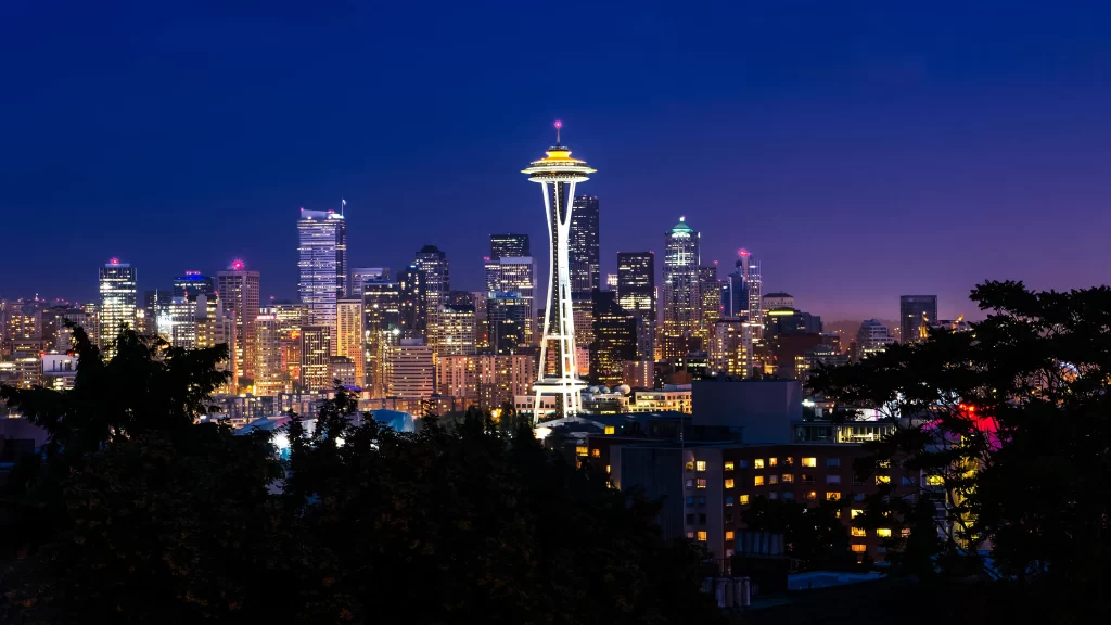 Seattle skyline Space Needle city lights night view urban landscape skyscrapers