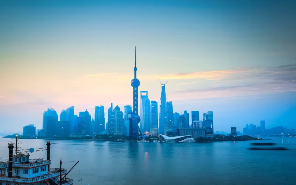 Shanghai skyline Oriental Pearl Tower Huangpu River cityscape skyscrapers twilig