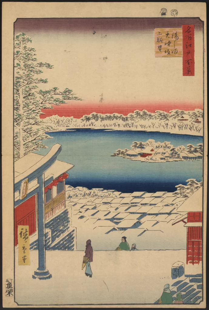 Snow-covered Landscape Traditional Architecture Serene Waterscape Distant Mountains Tranquil Scene Japanese Art