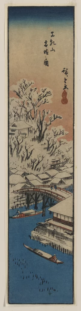Snow-covered Trees River Bridge Boats Traditional Architecture Japanese Landscape