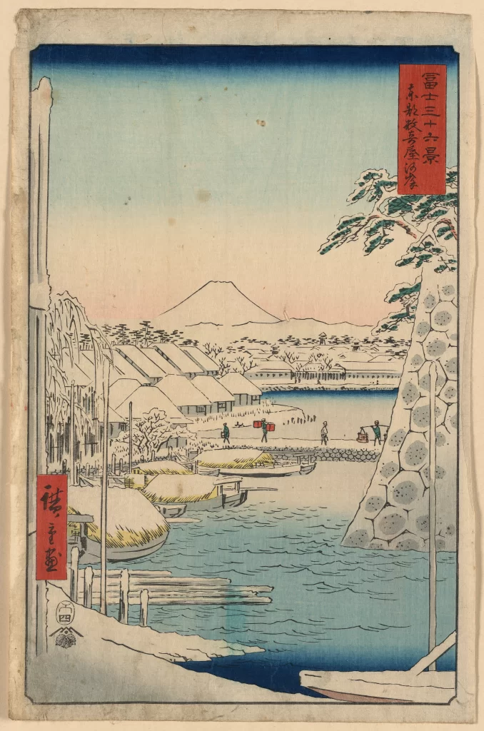 Snowy Landscape Mount Fuji Traditional Houses River Boats Winter Scene
