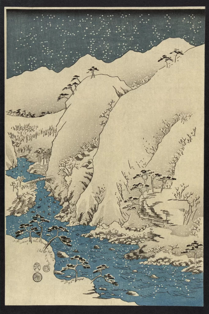 Snowy Landscape Mountain River Trees Traditional Architecture Serene Scene