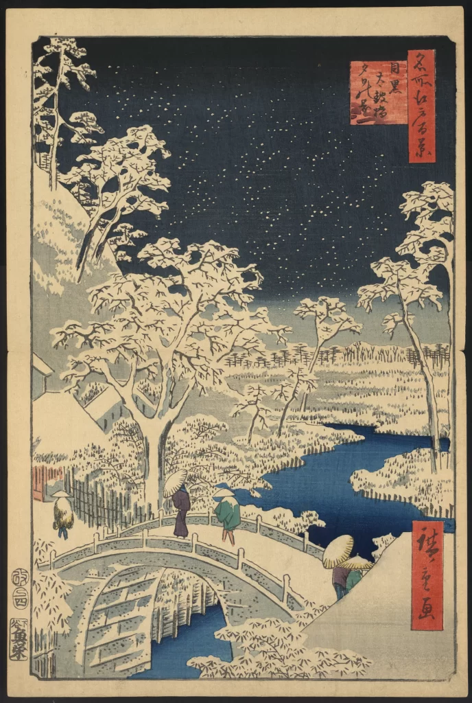 Snowy Landscape Night Sky Bridge Traditional Attire Serene Scene Japanese Art