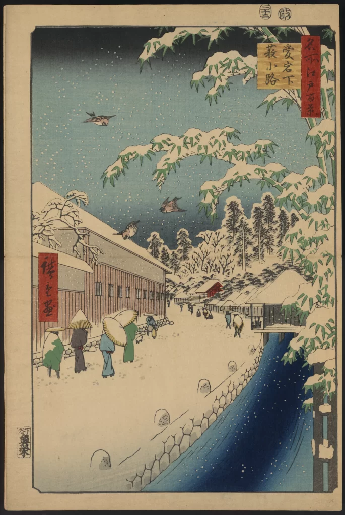 Snowy Landscape Traditional Attire Bamboo Birds River Japanese Architecture