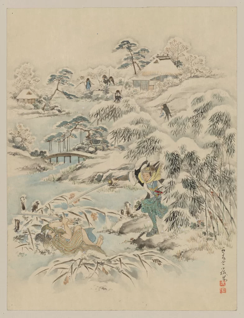Snowy Landscape Traditional Attire Bamboo Bridge Village Historical Scene