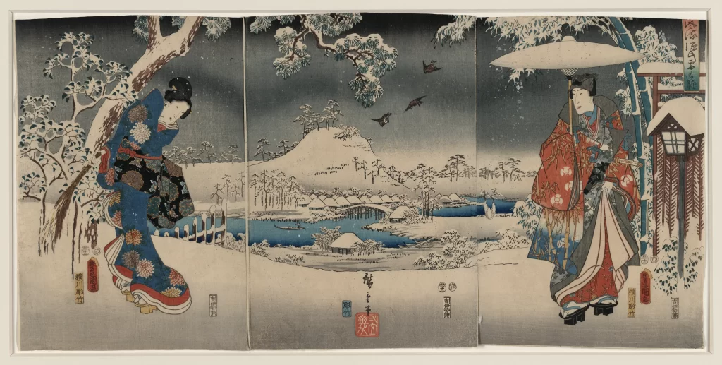 Snowy Landscape Traditional Attire Umbrella Birds Serene Scene Japanese Art