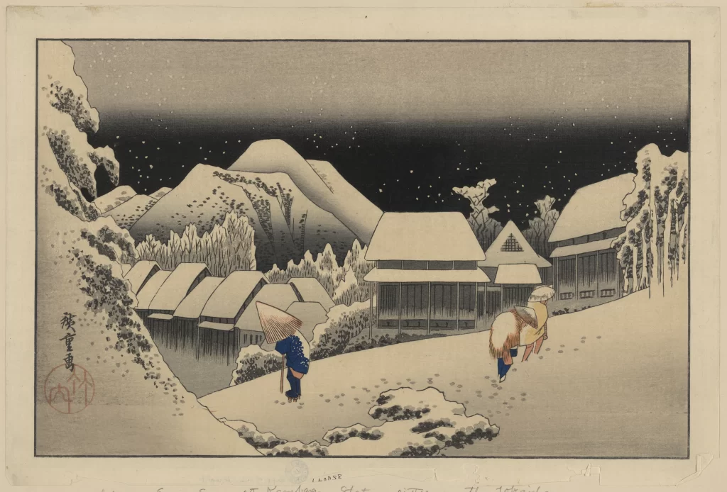 Snowy Landscape Traditional Houses Mountain Trees People Winter
