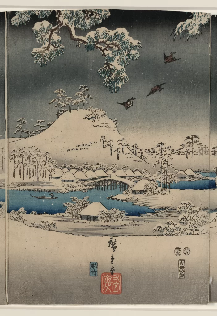 Snowy Landscape Traditional Houses Pine Trees Birds River Winter Scene