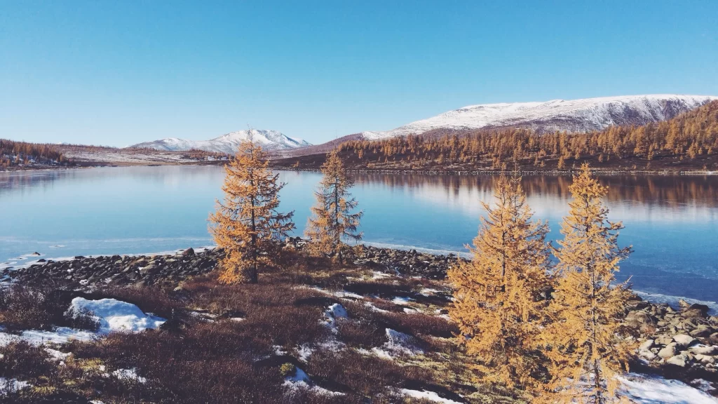 Snowy Mountain Lake Autumn Trees Reflection