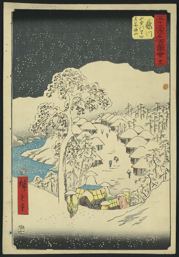 Snowy Village Trees Houses River Winter