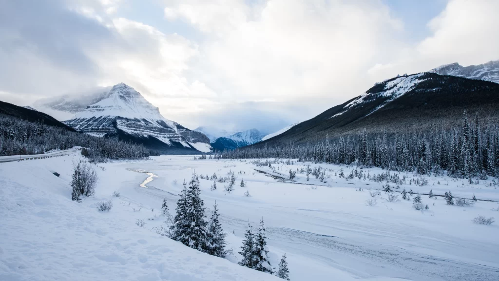 Snowy Landscape Mountains Trees River Clouds Winter