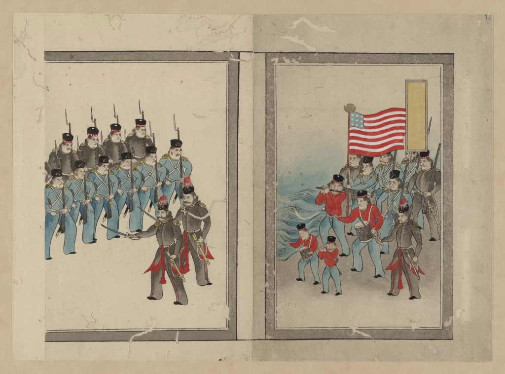 Soldiers Uniforms Flag Parade Historical Illustration