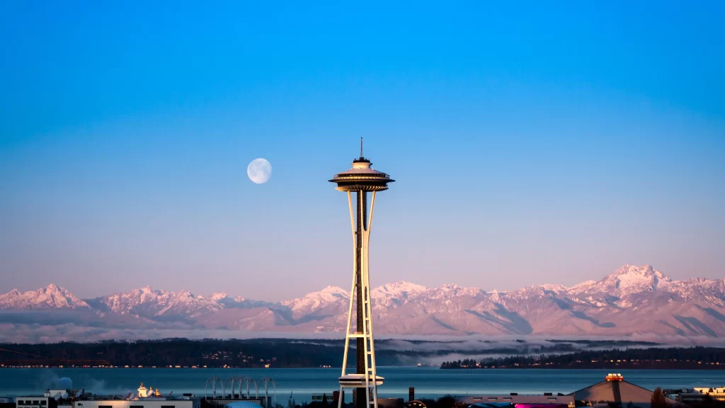 Space Needle moon mountains cityscape sunset skyline Seattle landscape