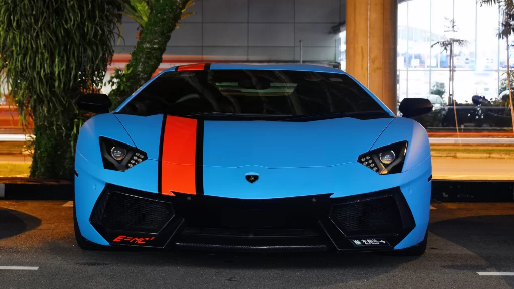 Sports car blue red stripe luxury design headlights
