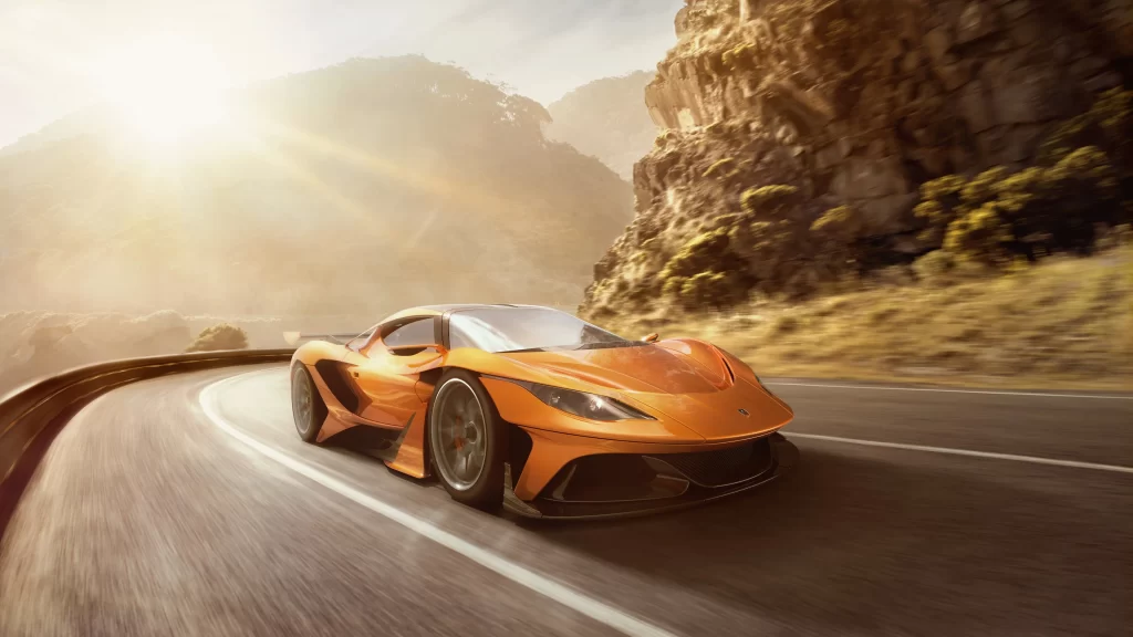 Sports car orange road mountain sunlight speed