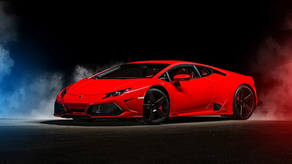 Sports car red dynamic smoke night luxury performance speed