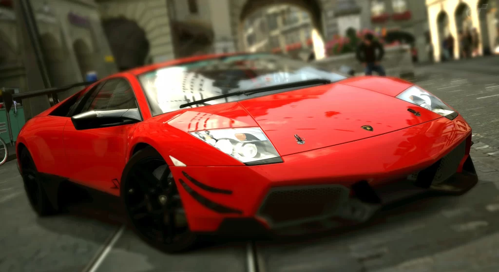 Sports car red luxury city street architecture background motion