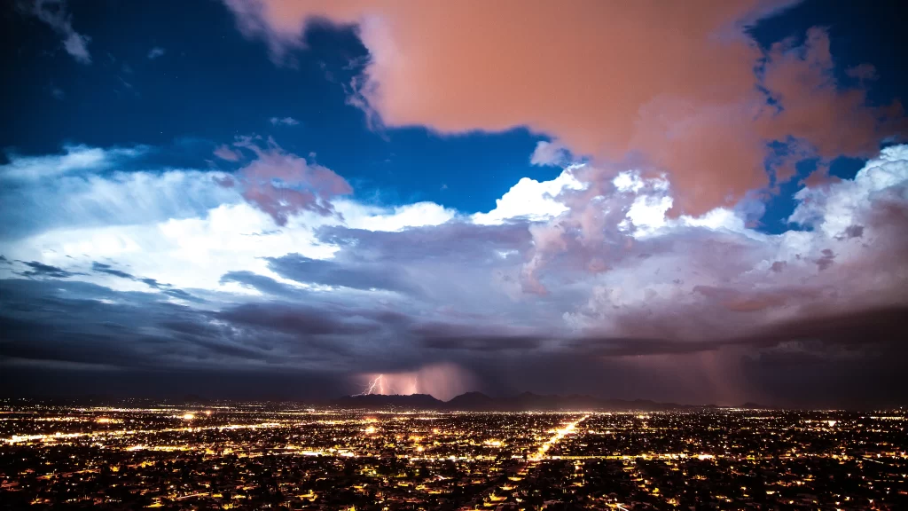 Stormy Sky City Lights Lightning Clouds Night Urban