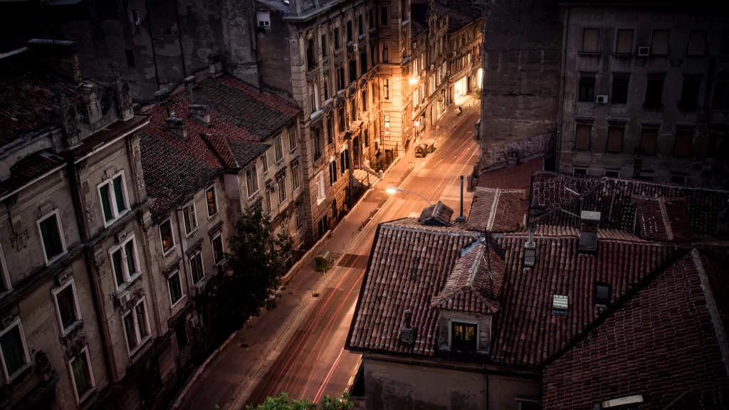 Street buildings lights night city rooftops