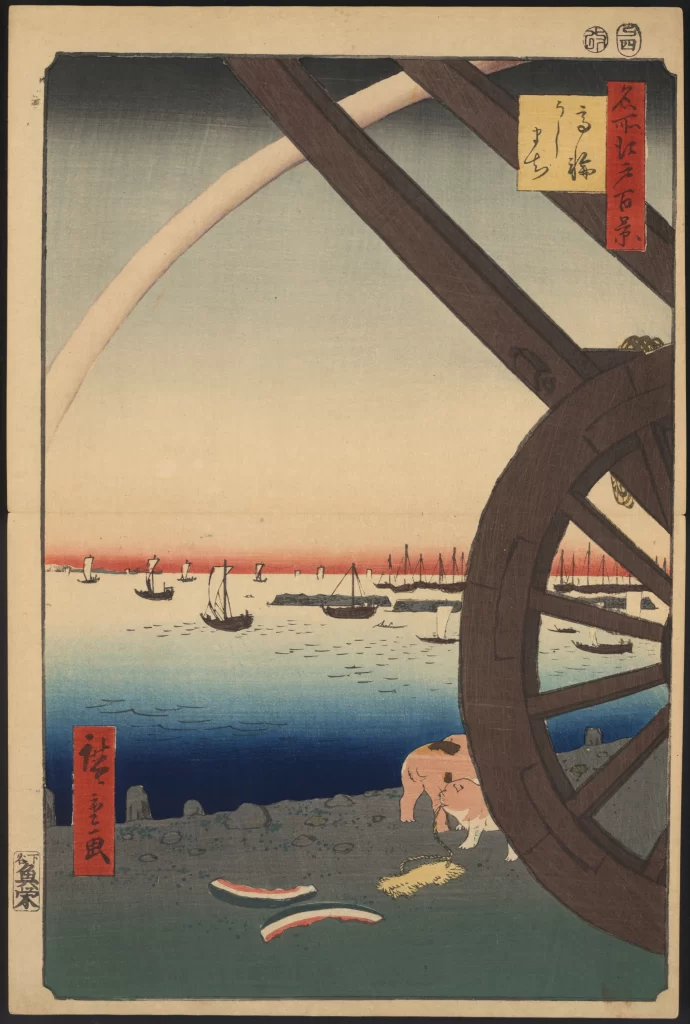Sumo Wrestler Rainbow Boats Sea Sunset Traditional Japan