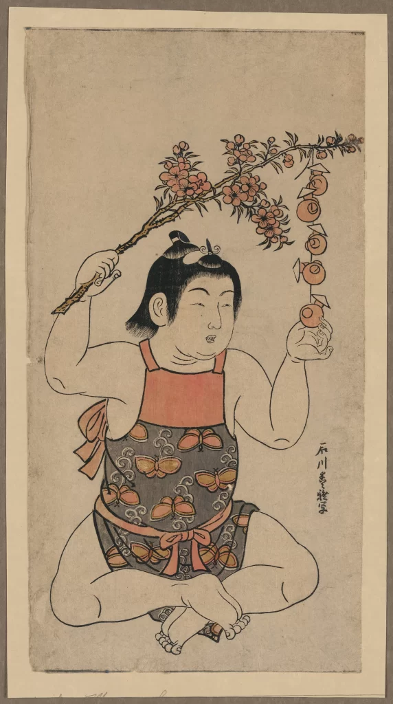 Sumo Wrestler Traditional Attire Branch With Flowers Playful Pose Japanese Art Cultural Symbol