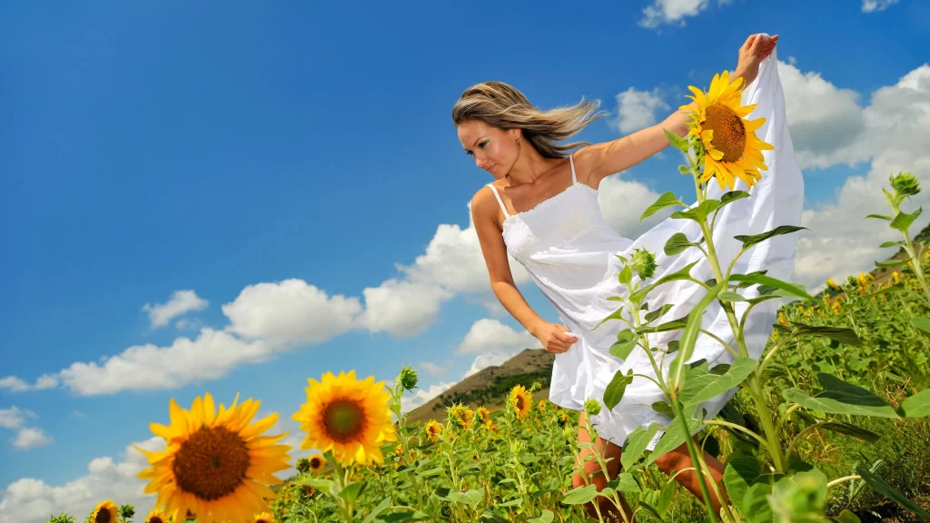 Sunflowers White Dress Blue Sky Clouds Field Joyful