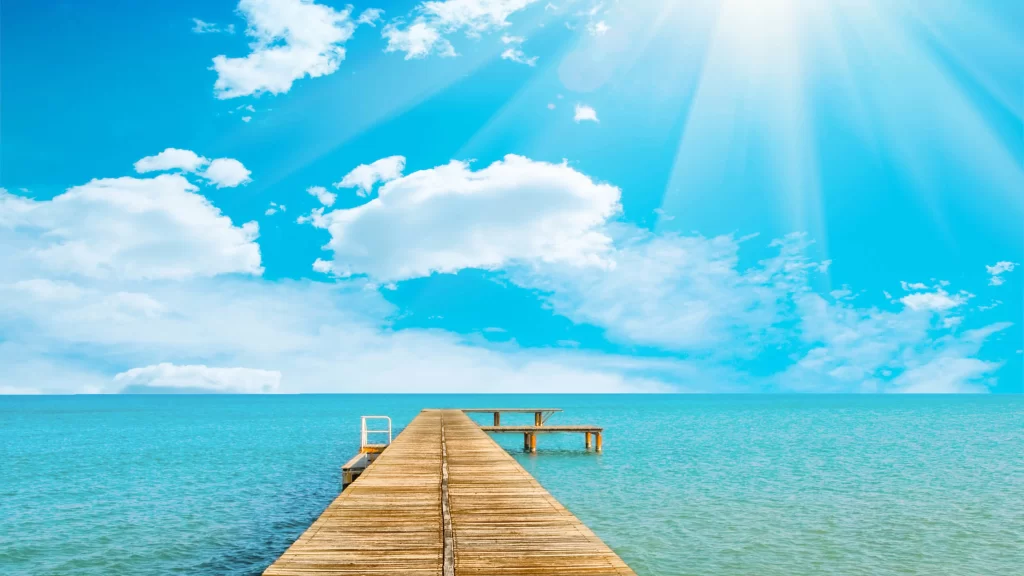 Sunlight Blue Sky White Clouds Wooden Pier Calm Sea