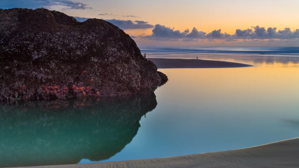 Sunset Calm Water Reflection Rocky Shoreline Clouds