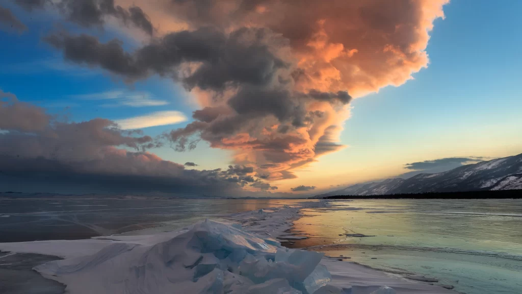 Sunset Clouds Ice Lake Mountains Reflection