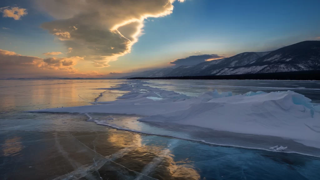 Sunset Ice Lake Reflection Mountains Snow