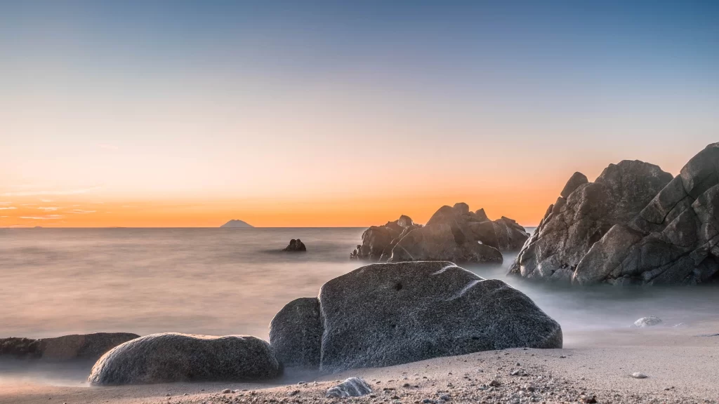 Sunset Ocean Rocks Mist Horizon