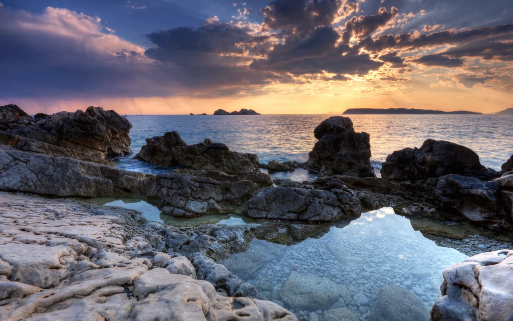 Sunset Ocean Rocks Sky Clouds Reflection