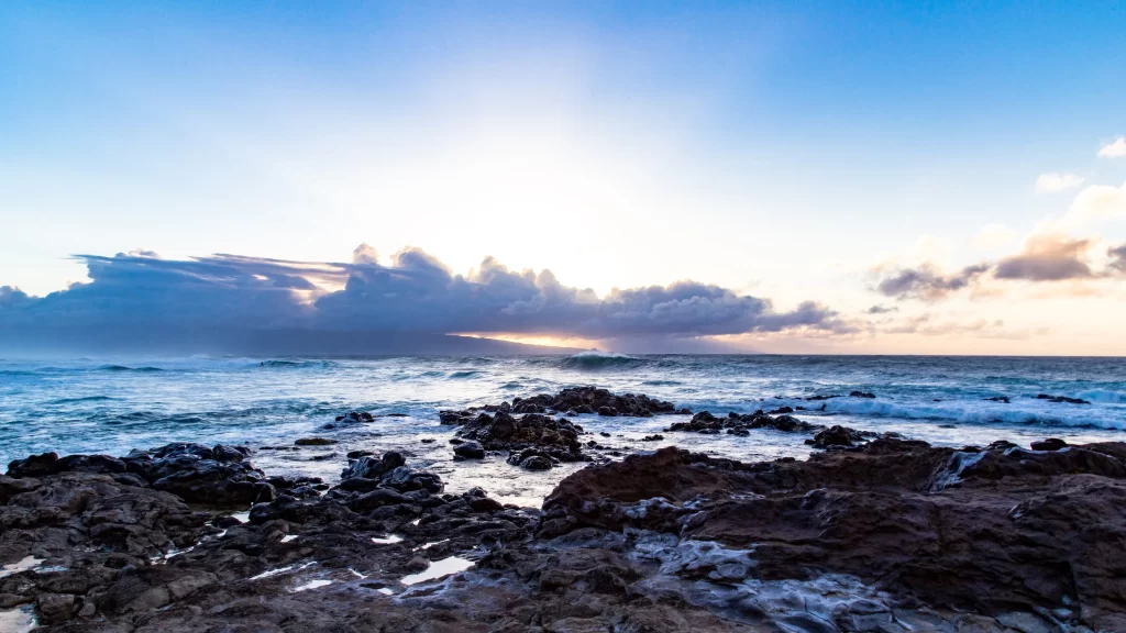 Sunset Ocean Waves Rocks Horizon Clouds
