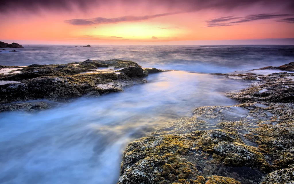 Sunset Ocean Waves Rocks Horizon Sky