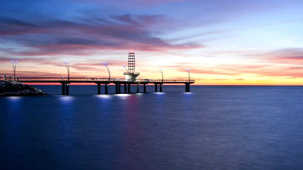 Sunset Pier Ocean Calm Water Sky Clouds
